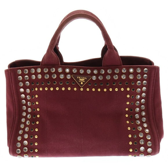 Prada Canvas Red Bag Tote Beaded Studs Canapa Shoulder - Picture 1 of 5